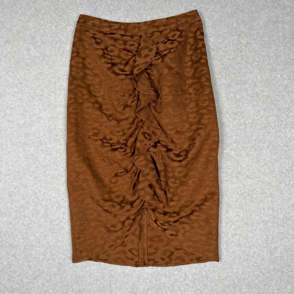 Zara Basic Brown Leopard Satin Jacquard Ruffle Front Slit Midi Skirt XS
